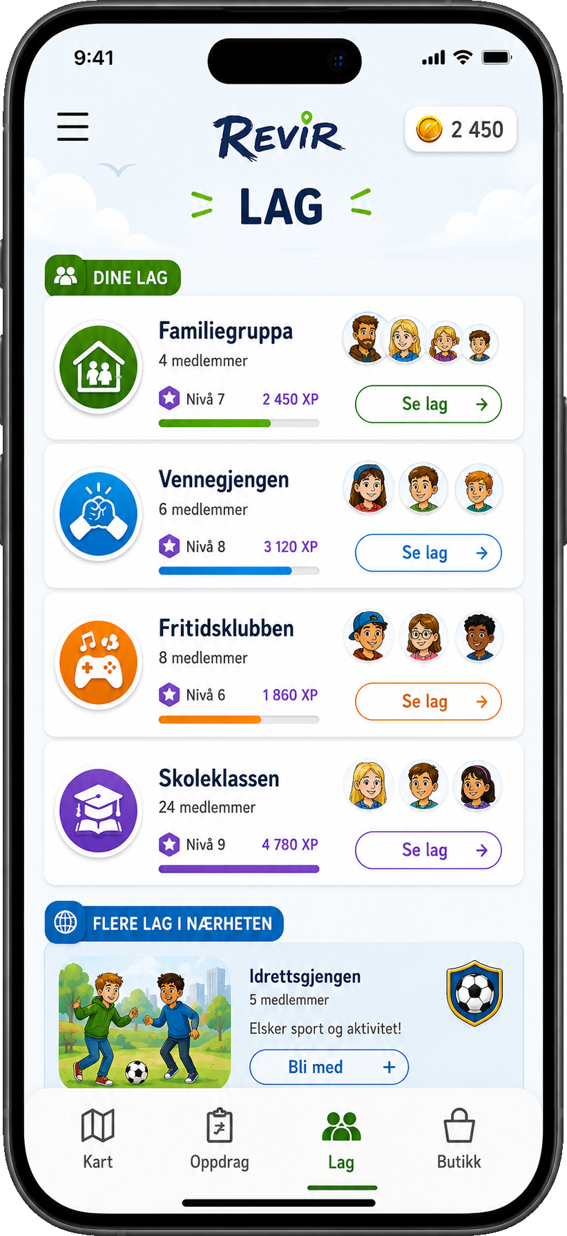 Lagoversikt i Revir med Familiegruppa, Vennegjengen, Fritidsklubben og Skoleklassen