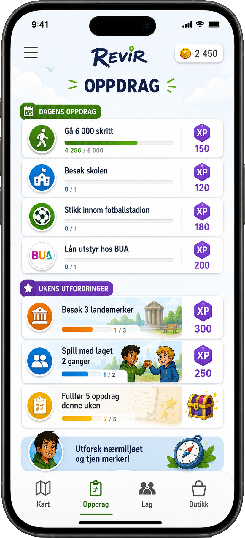 Revir-appen viser dagens oppdrag: gå 6 000 skritt, besøk skolen og lån utstyr hos BUA